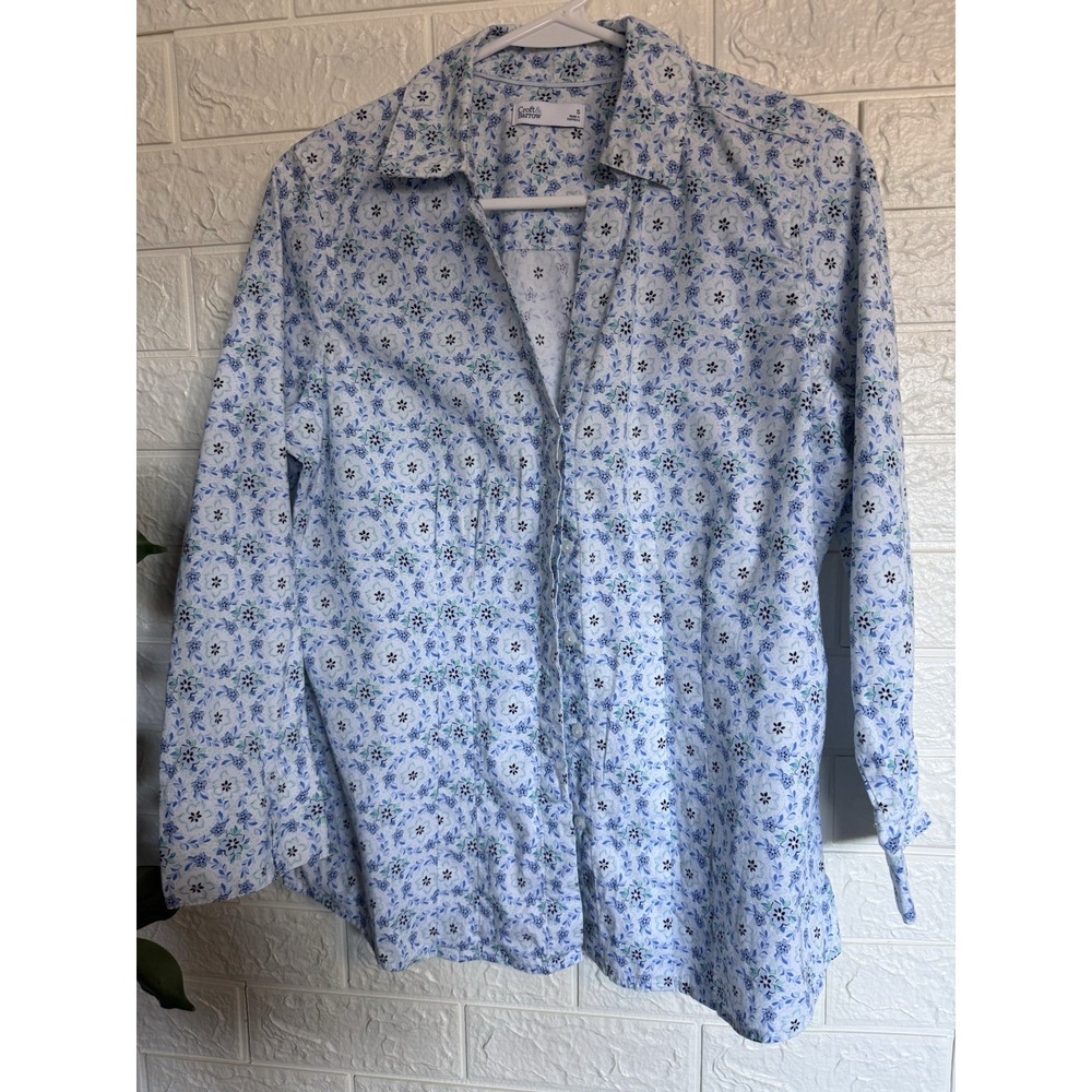 Croft & Barrow Womens Floral Long Sleeve Blouse Blue White Cotton Size S